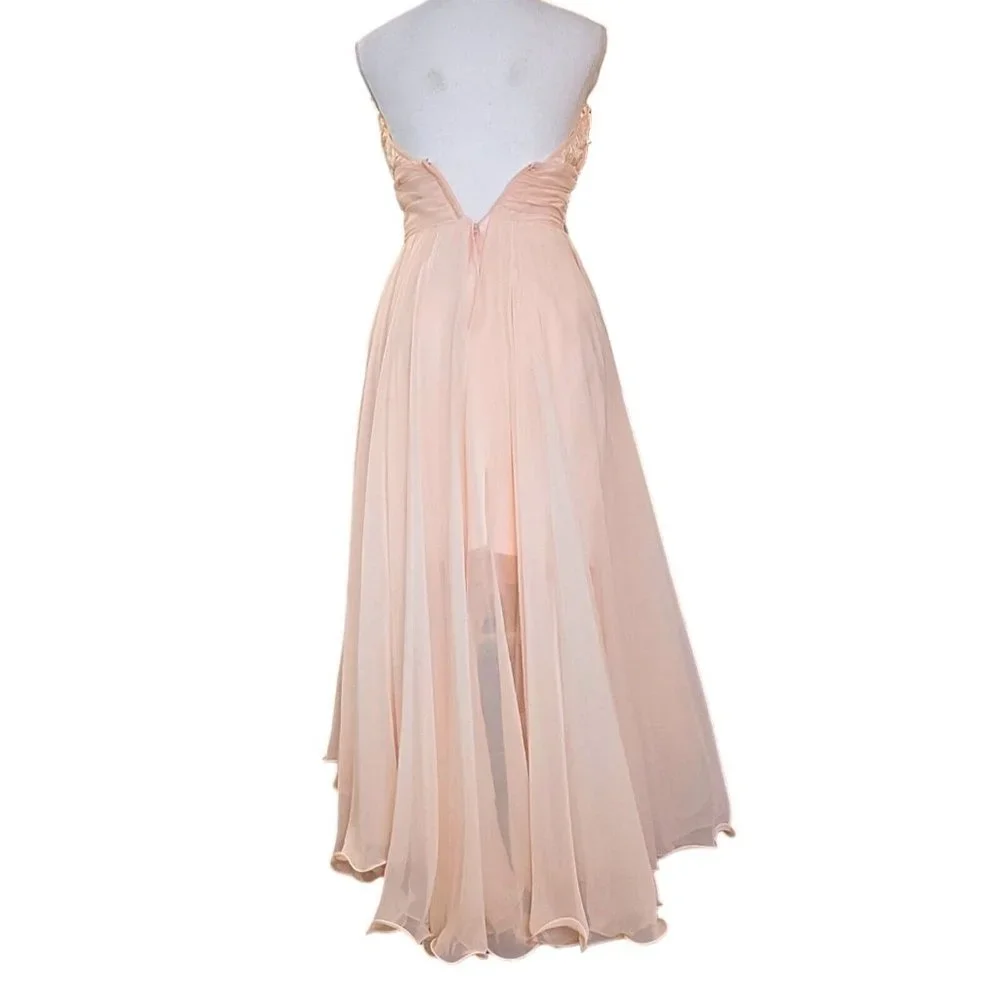 80s Vintage XS Light Pink Chiffon Flowy‎ Pearl Beaded High Low Halter Formal